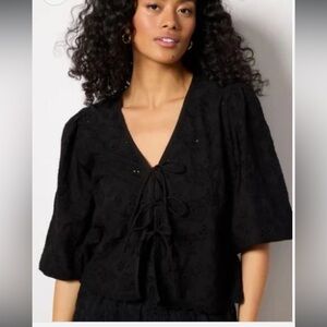 BOBI TIE FRONT CROP BALLOON SLEEVE TOP
